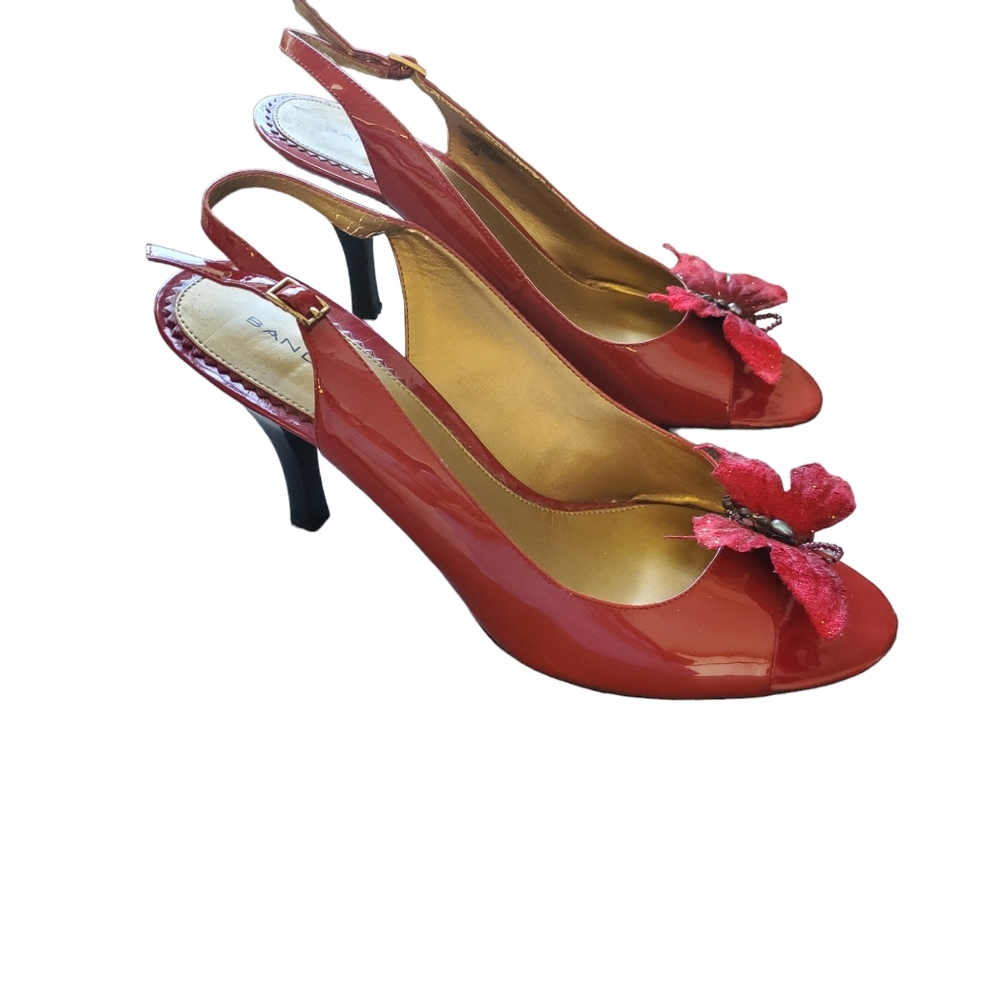 Bandolino red patent leather open toe slingback heels with butterflies